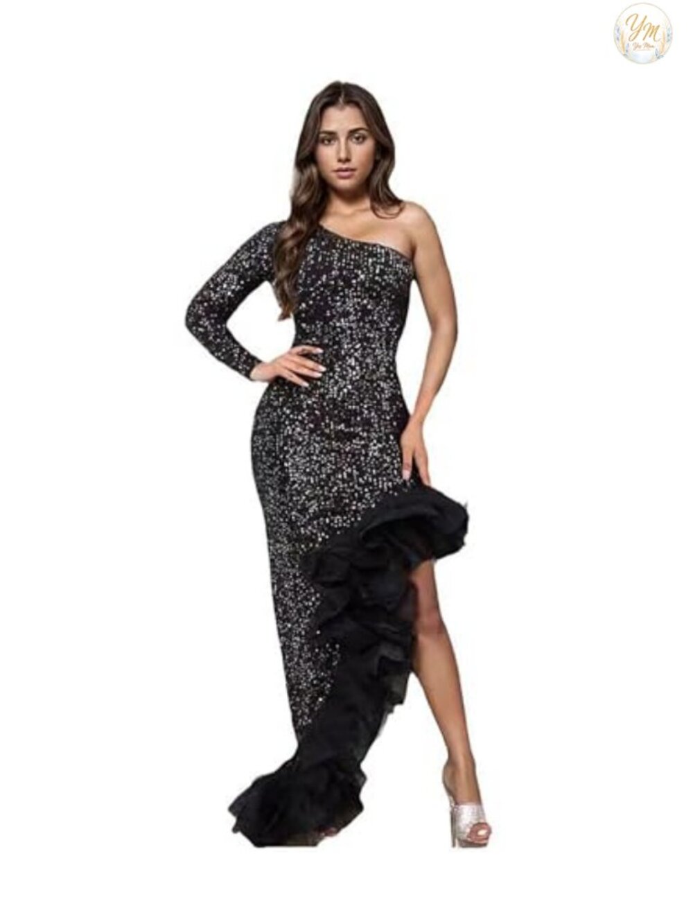 Rhinestone Sequin One Shoulder Bodycon Party Dress Long Sleeve with Zipper